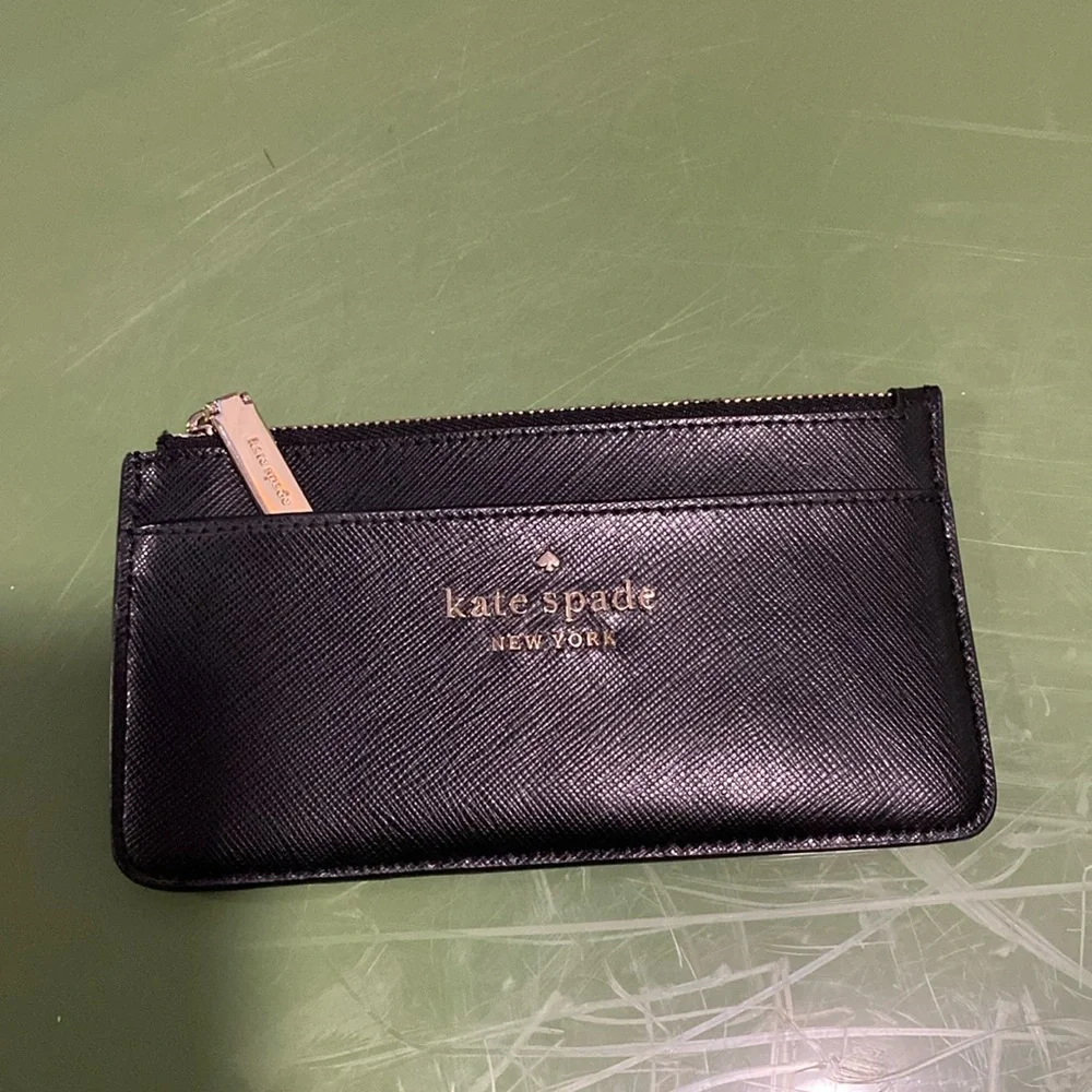 kate spade black leather zip card wallet with gold logo